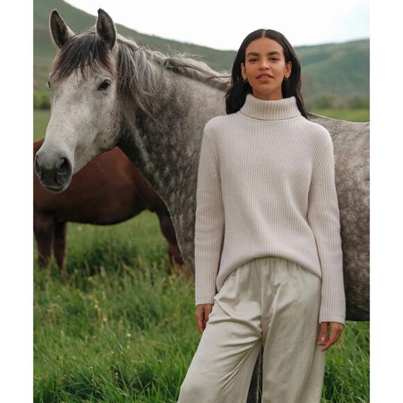 Jennis Kayne Cashmere Ribbed Turtleneck Sweater Ivory - Picture 1 of 5